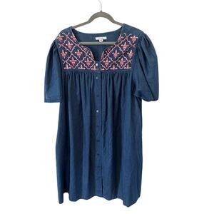Go Softly Patio Denim Mini Dress Muumuu House Embroidered Button Up Blue Size XL